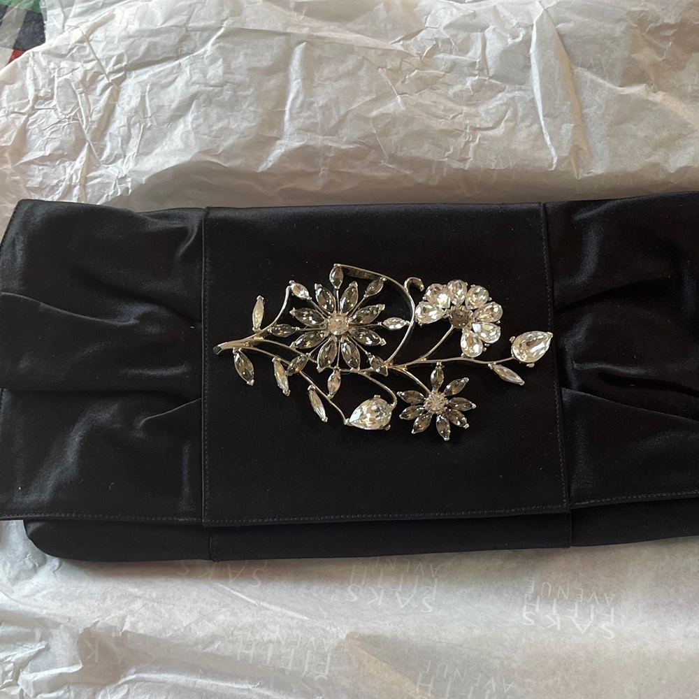 Skye's the Limit Elegant Black Clutch with Silver Floral Accent